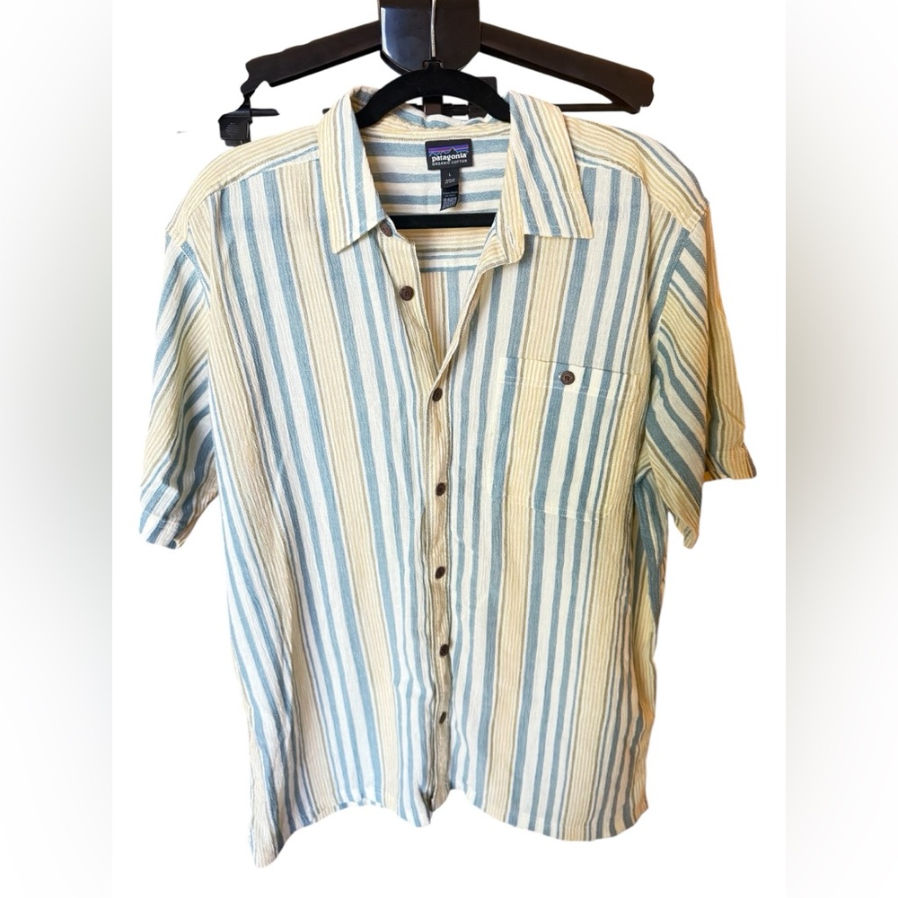 Patagonia Men's Striped Button Down Shirt - Blue, Yellow, and Cream